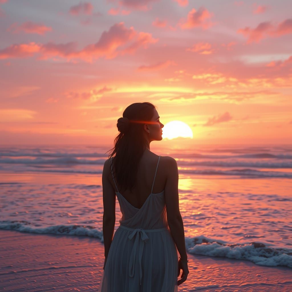 Serene Woman Basks in Radiant Sunrise at Beach