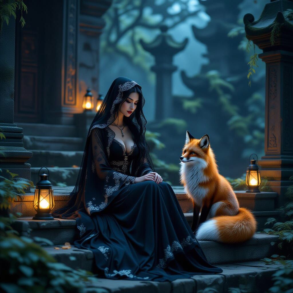 Mysterious Woman and Glowing Fox at Ancient Temple