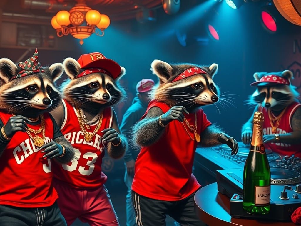 Raccoons Dancing in Nightclub, 2000s Hip Hop Style