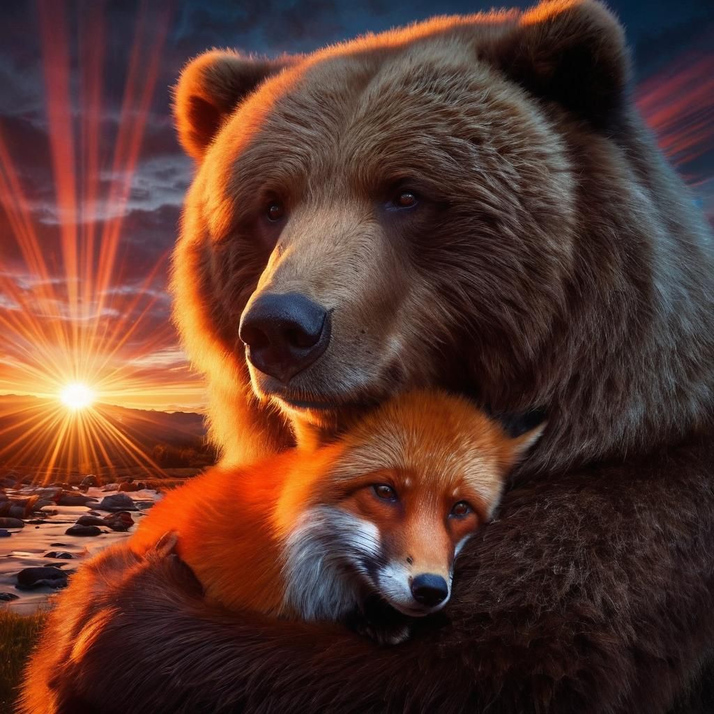 Kodiak Bear Cradling Fox in Sunset Light