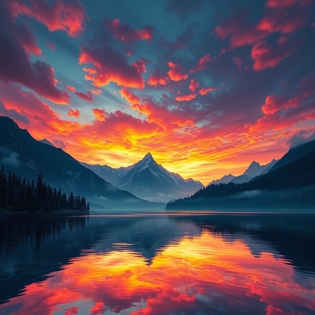 Majestic Mountains Reflecting Sunset: Matte Painting