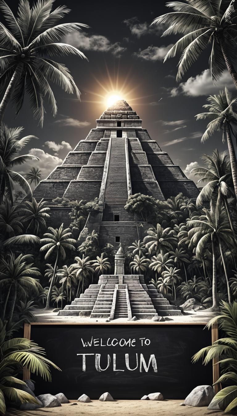 Mayan Pyramid Chalk Art at Tulum, Chalkboard Style