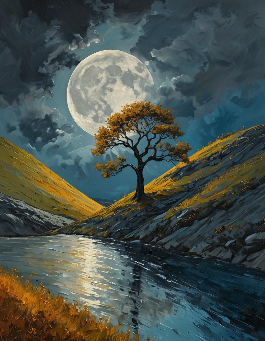 Surreal landscape painting, medium shot, a lone tree stands ...