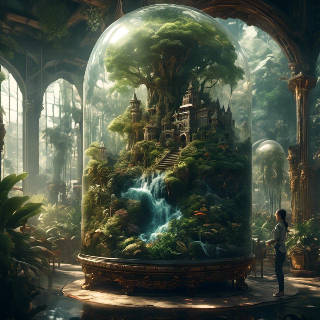 Jungle Waterfall Terrarium: Intricate Ink Illustration