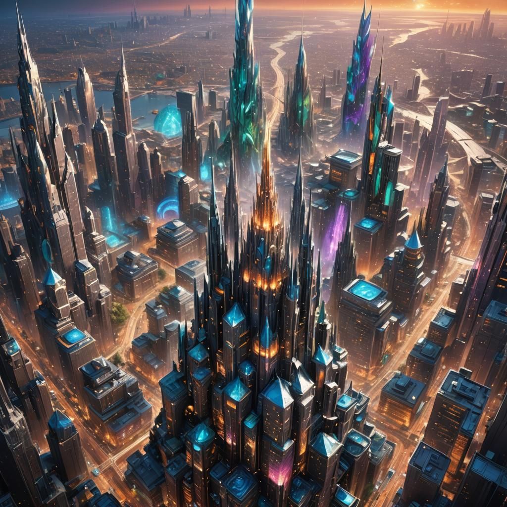 Futuristic Cityscape with Crystalline World Tree