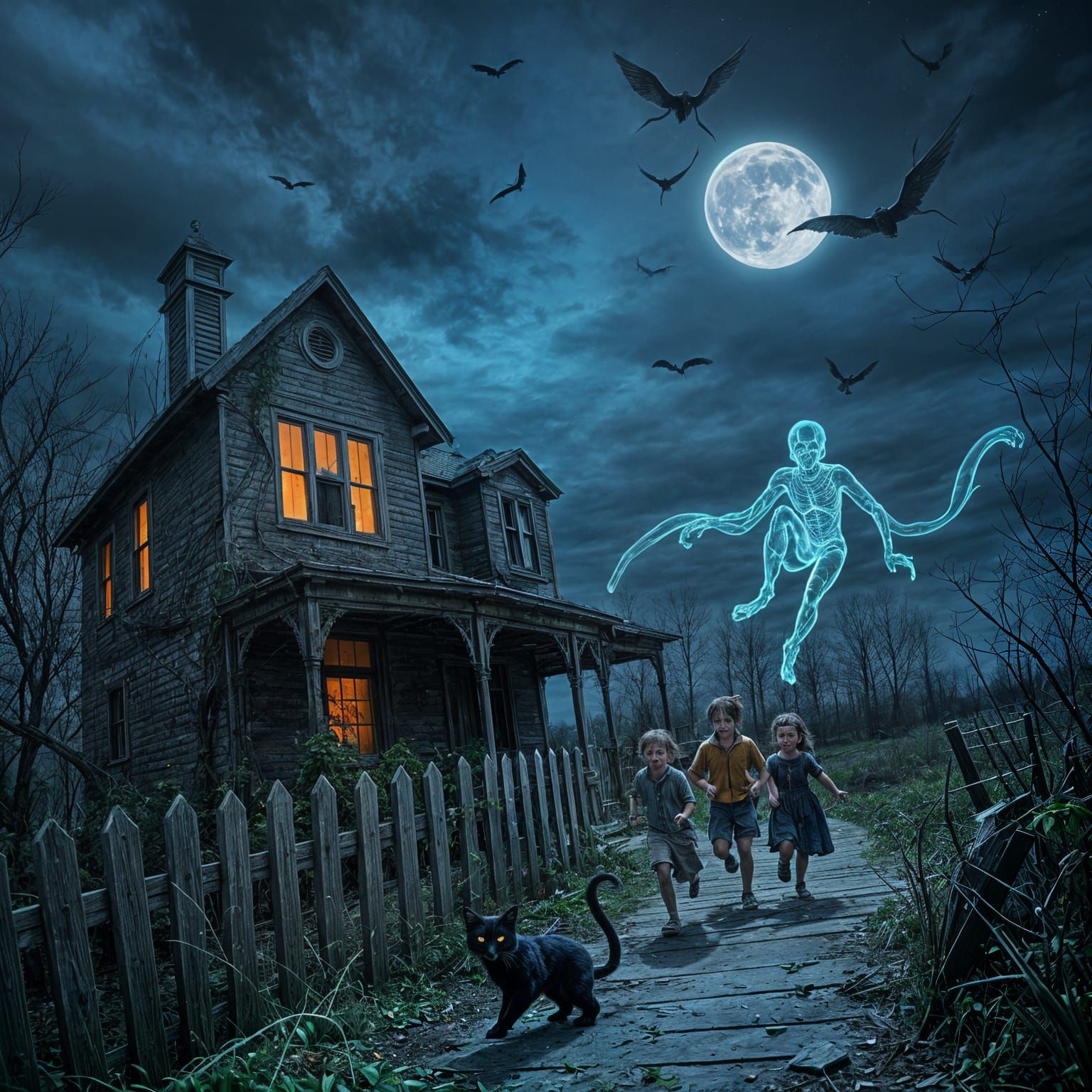 Eerie Abandoned Mansion with Ghostly Apparition