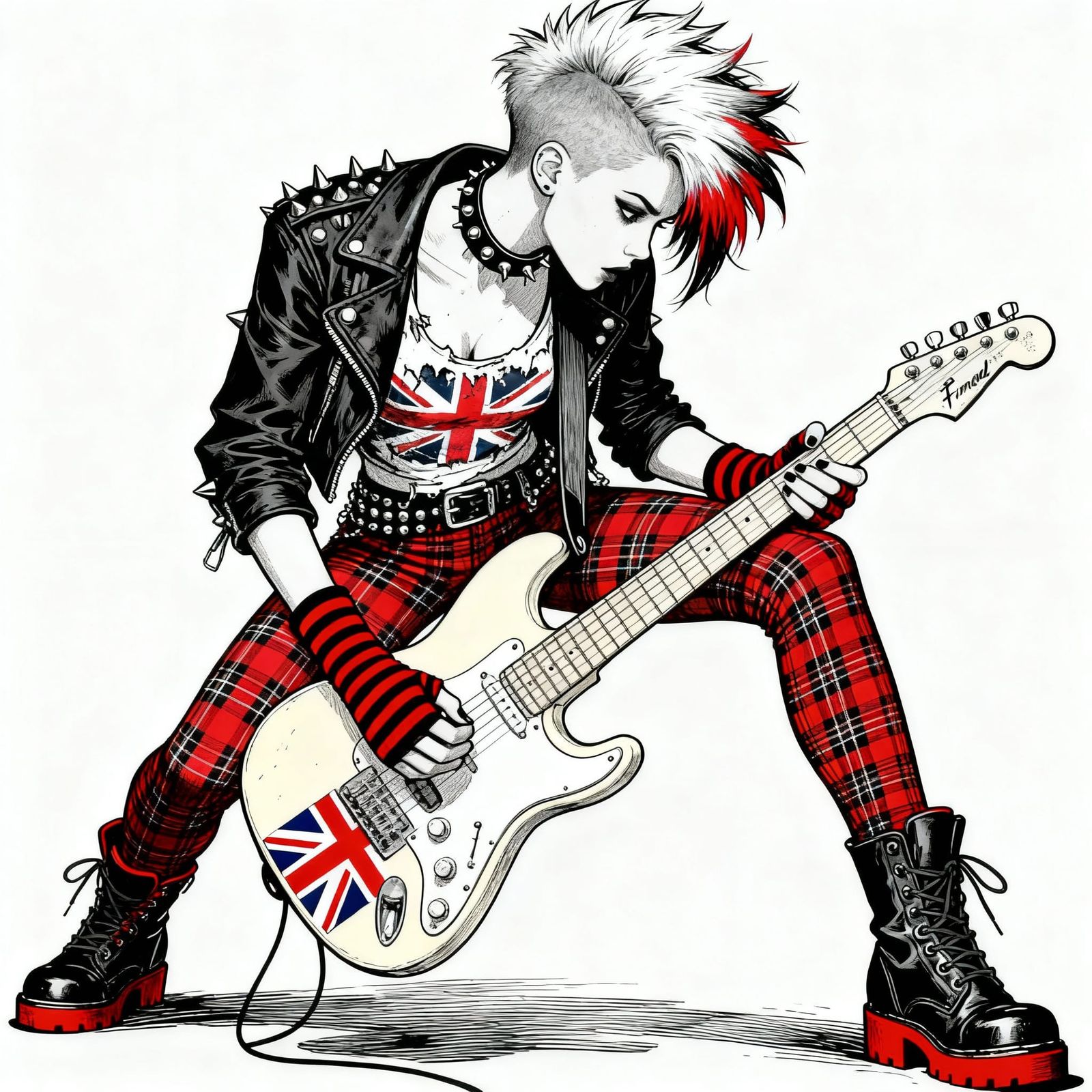 Punk Rock Guitarist in Graphic Illustration Style