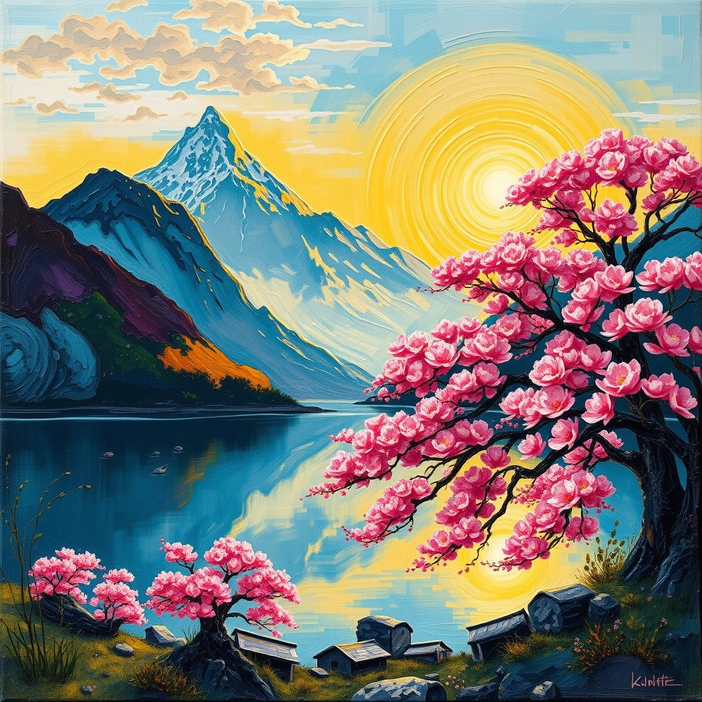Neo-Impressionist Japanese Landscape with Cherry Blossoms