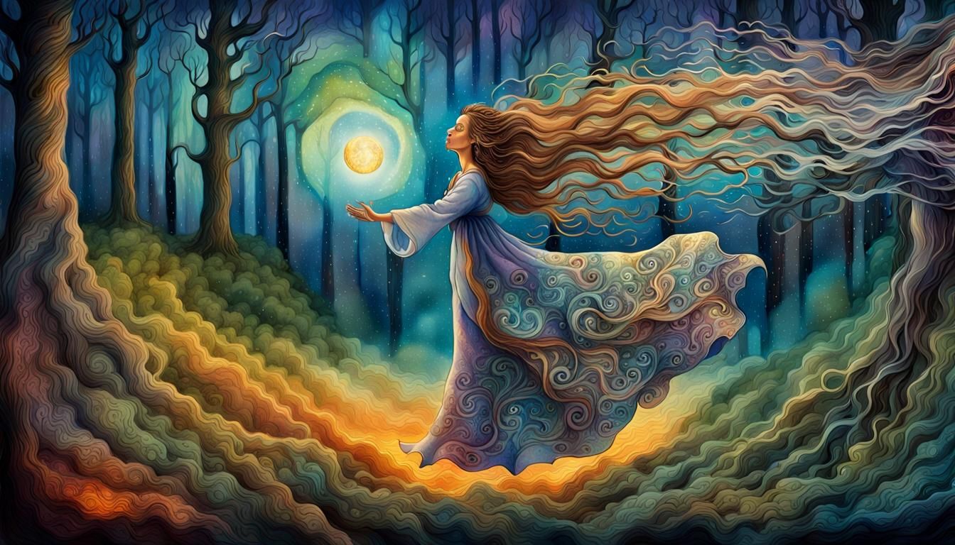 Woman in Forest: Watercolor Art with Flowing Hair