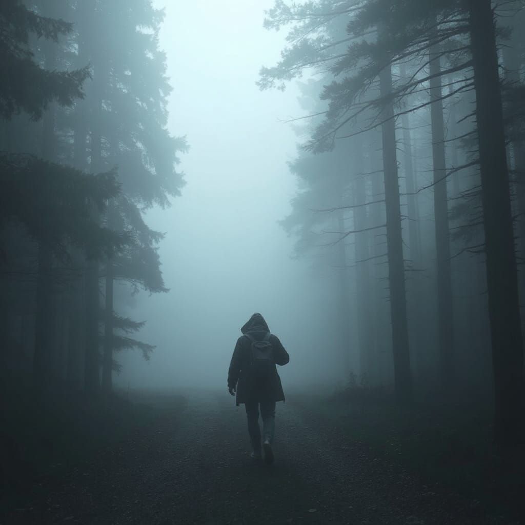 Lone Traveler in Foggy Pine Forest Path