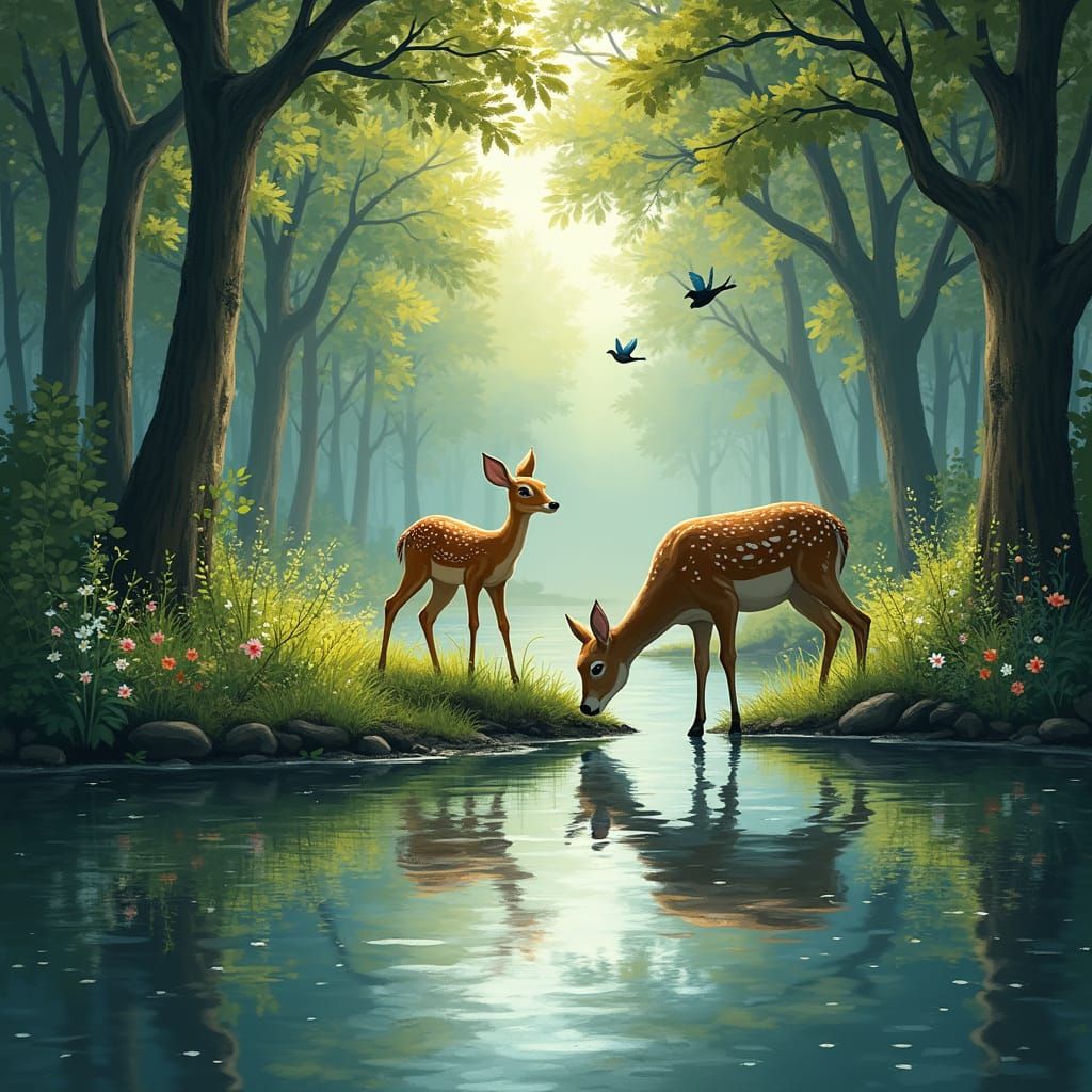 Whimsical Forest Pond Scene in Watercolor Style
