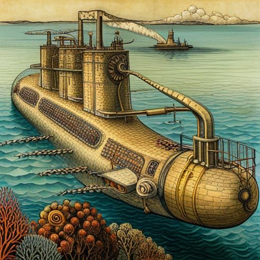 Intricate Submarine Hand-Colored Drawing in Cubist Style