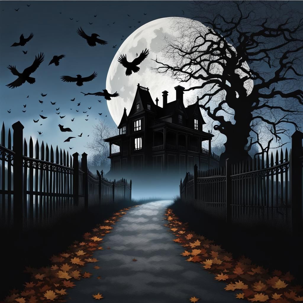 Creepy Night Sky with Haunted Mansion Silhouette