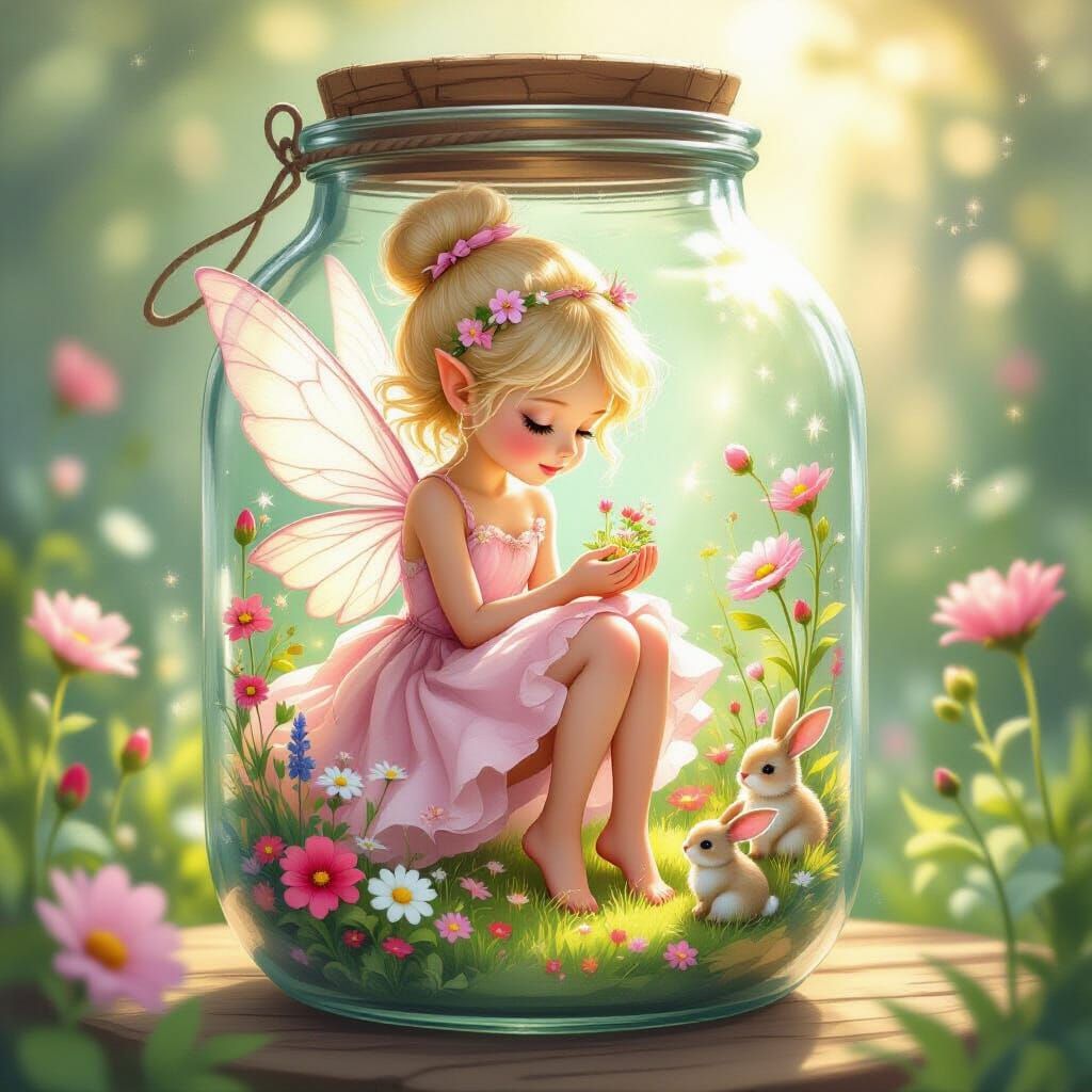 Fairy in a Jar with Enchanted Garden, Storybook Style