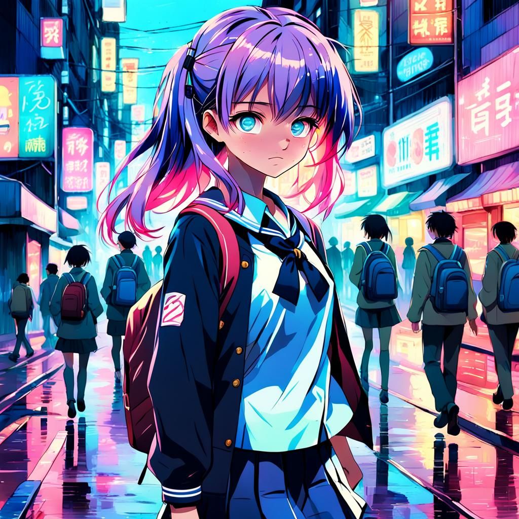 Anime Girl Walks Down Rainy Street at Night