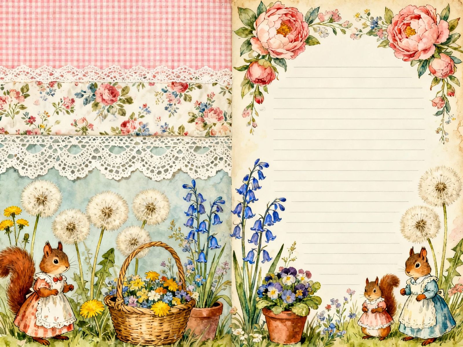 Shabby Chic Junk Journal Page with Squirrels in Dresses