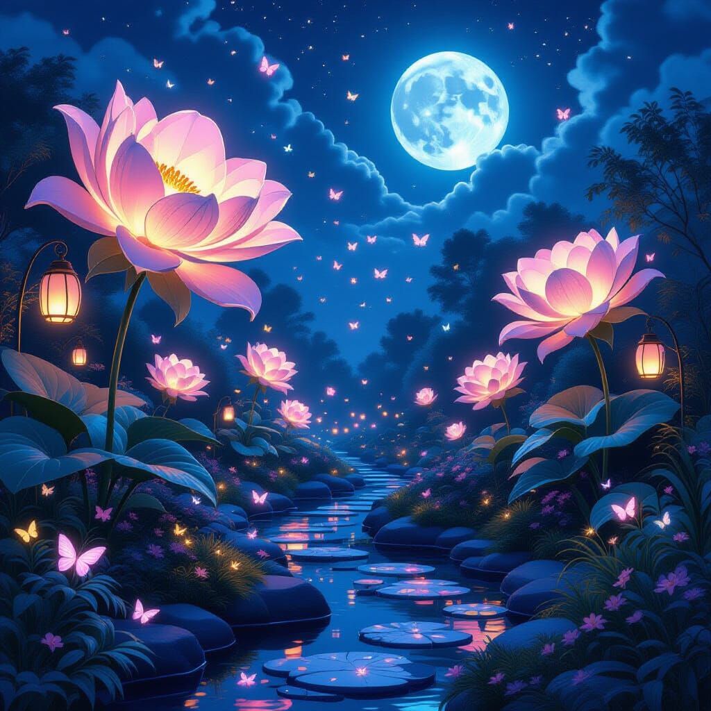 Luminous Flowers in Moonlit Dreamlike Garden