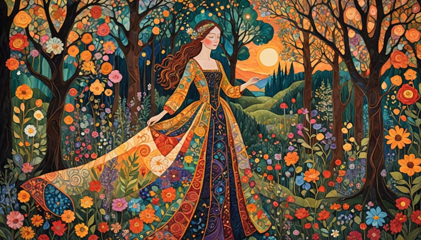 Quilted Forest Scene with Sunset Woman in Klimt Style