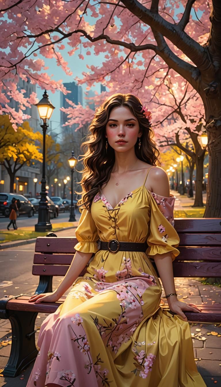 Girl Under Cherry Tree by Streetlight