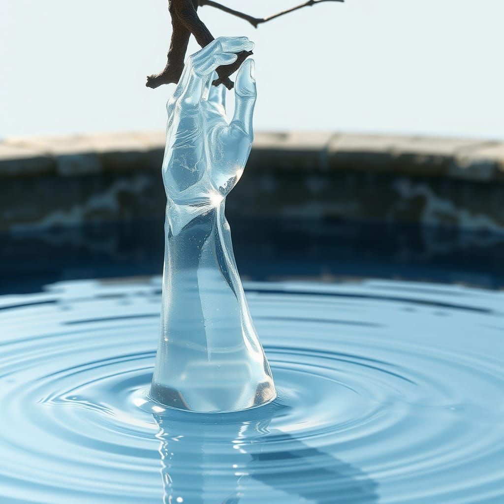 Transparent Crystal Arm Reaches for Branch Above Serene Pudd...
