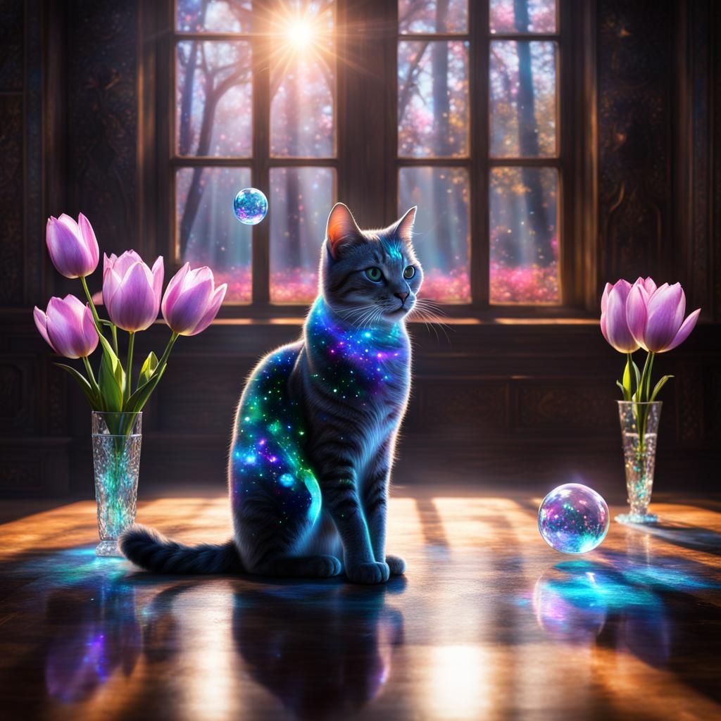 Iridescent Ice Crystal Cat with Tulips, Holographic Illustra...