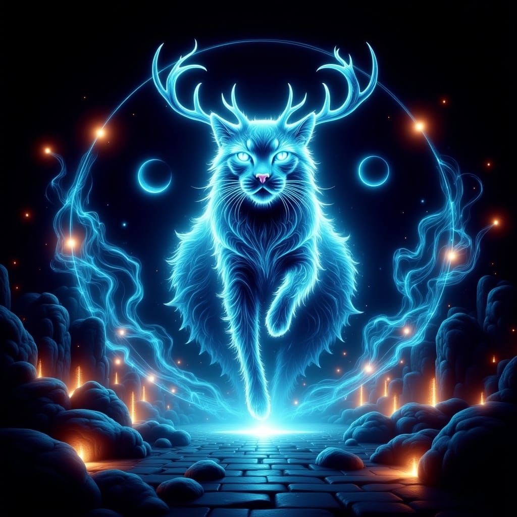 Blue Energy Being in Neocubist Cityscape