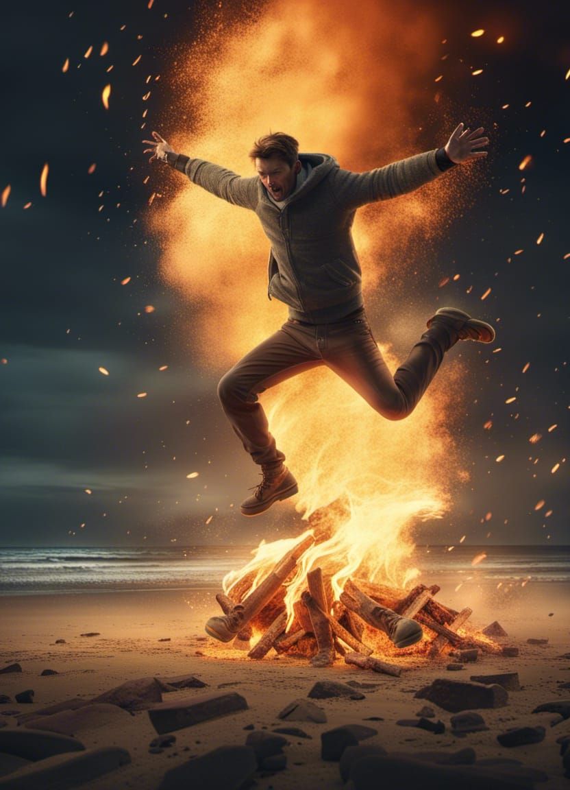 Man Jumps Bonfire on Beach: Matte Painting