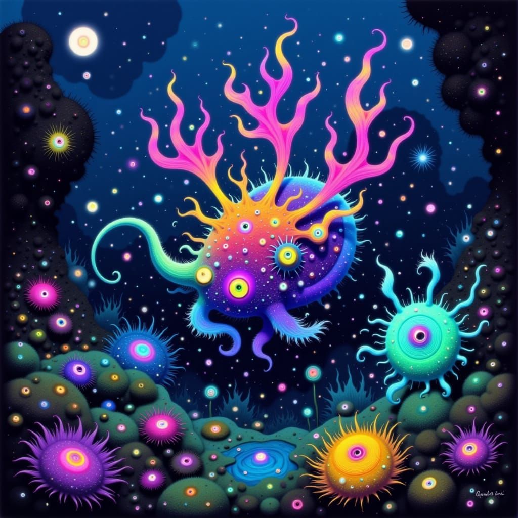 Bioluminescent Deep Sea Creature in Dreamlike Underwater Sce...