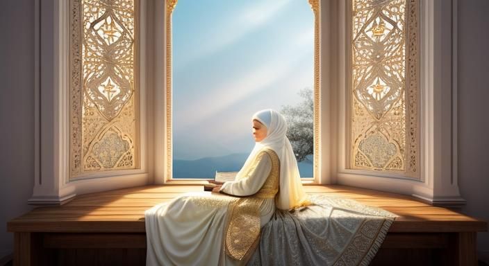 Woman Reading Quran in Illuminated Manuscript Style