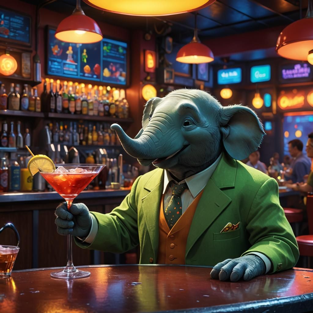 Babar Enjoying a Cocktail in Pixar-Style 3D Art