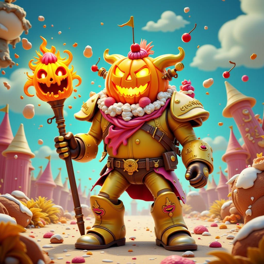 Banana Split Sundae Warrior with Jack-o'-Lantern Weapon