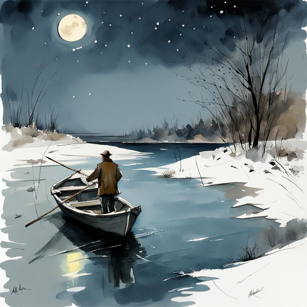 Fisherman on Cold River in Watercolor Style