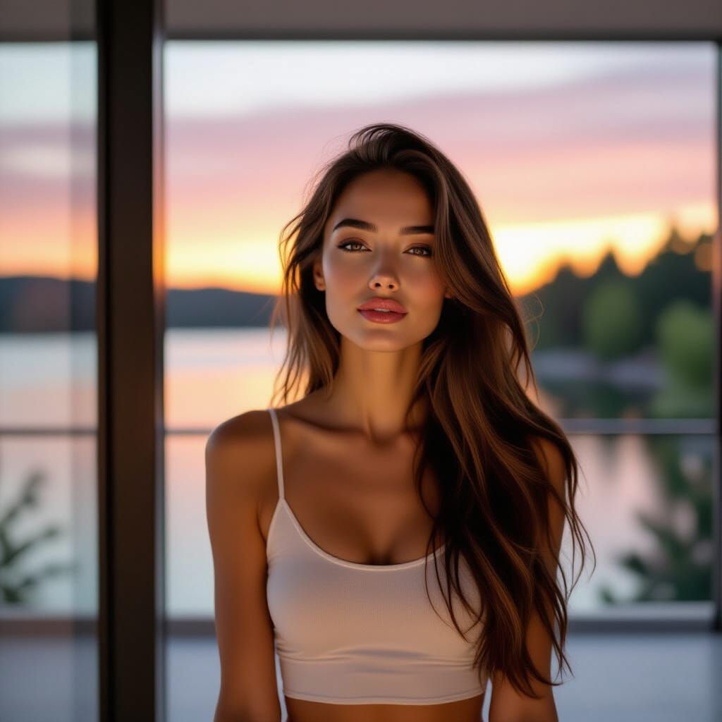 Woman Yawning by Sunrise Window in Modern Apartment