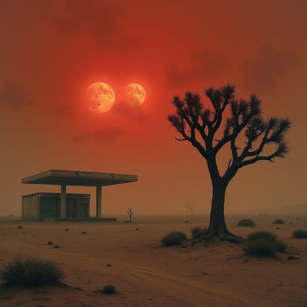 Haunting Desert Apocalypse with Ruined Gas Station