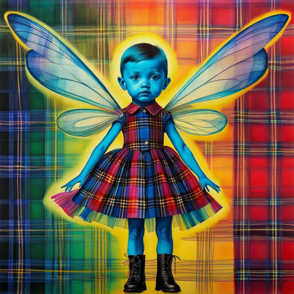 Surreal Tartan Child's Drawing with Luminous Fairy