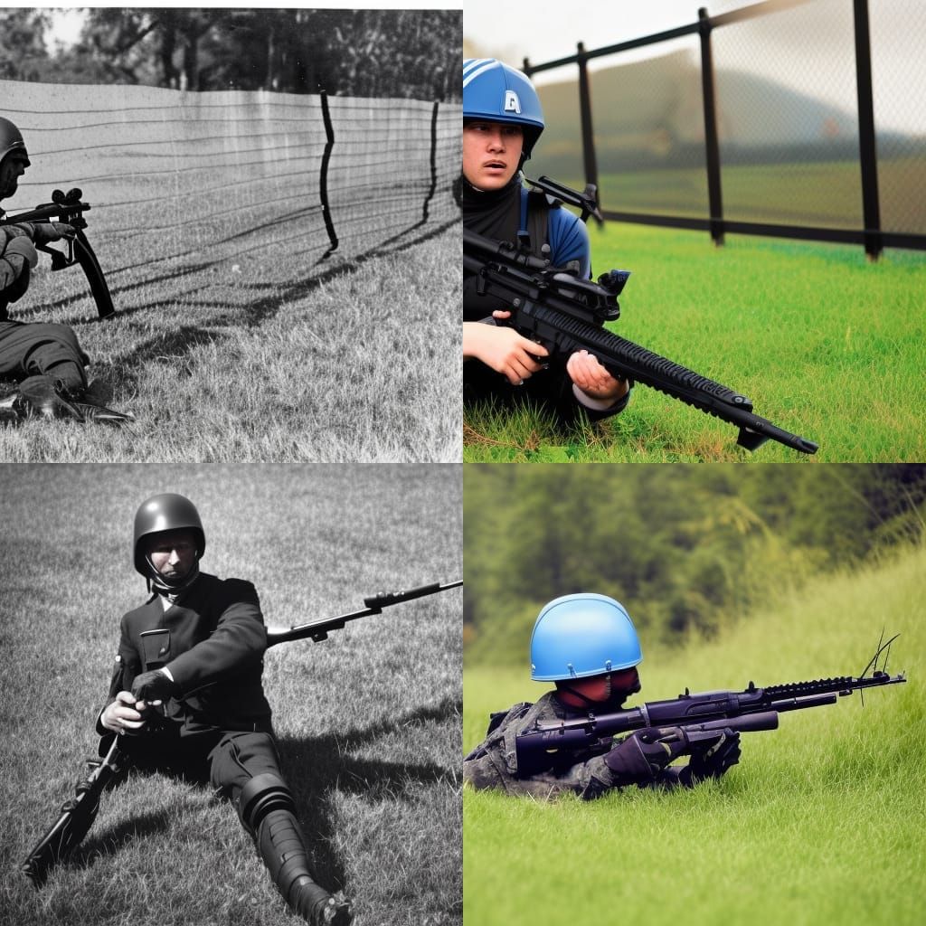 Military Soldier in Camouflage Uniform Prone on Grass with I...