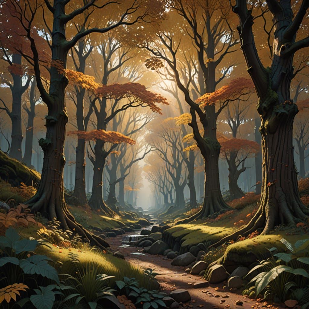 Autumnal Forest Dreamscapes in Pre-Raphaelite Style