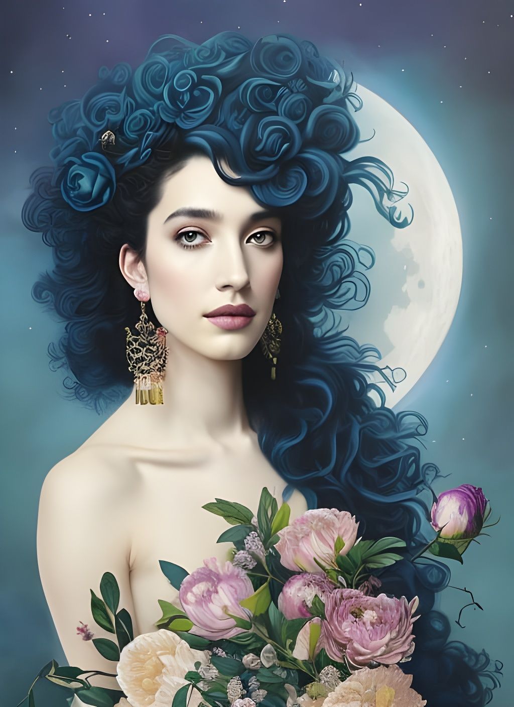 Goddess Portrait with Peonies and Moonlit Night
