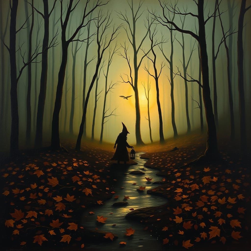 Atmospheric Autumn Forest at Twilight in Impasto Style