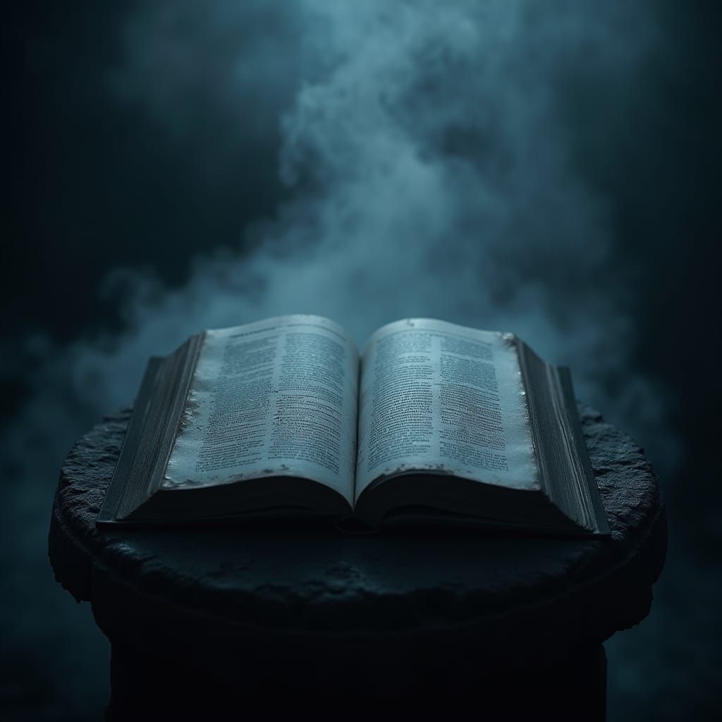 Eerie Book with Blurred Glyphs in Monochromatic Palette