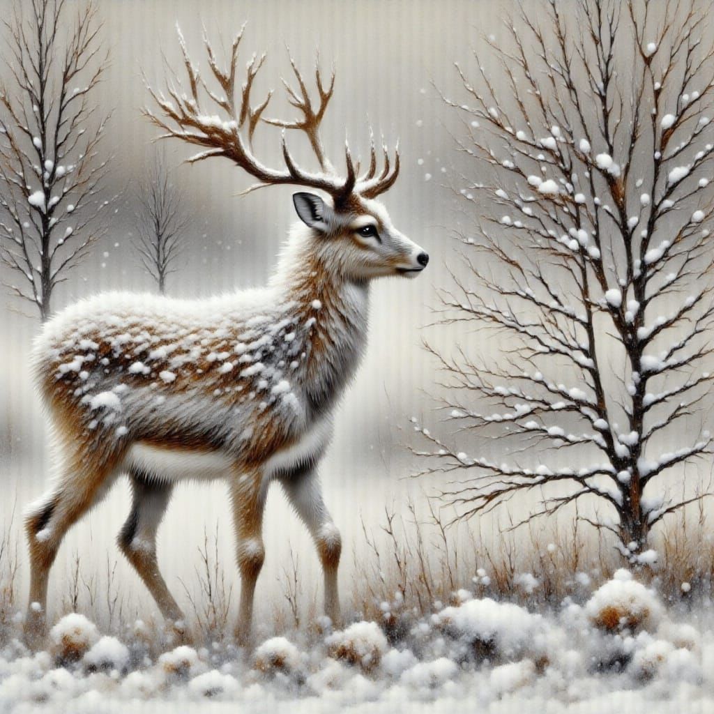 Abstract Deer Portrait in Snowy Forest Meadow