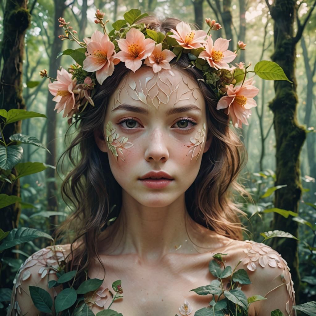 Ethereal Petal-Skinned Woman in Dreamlike Forest