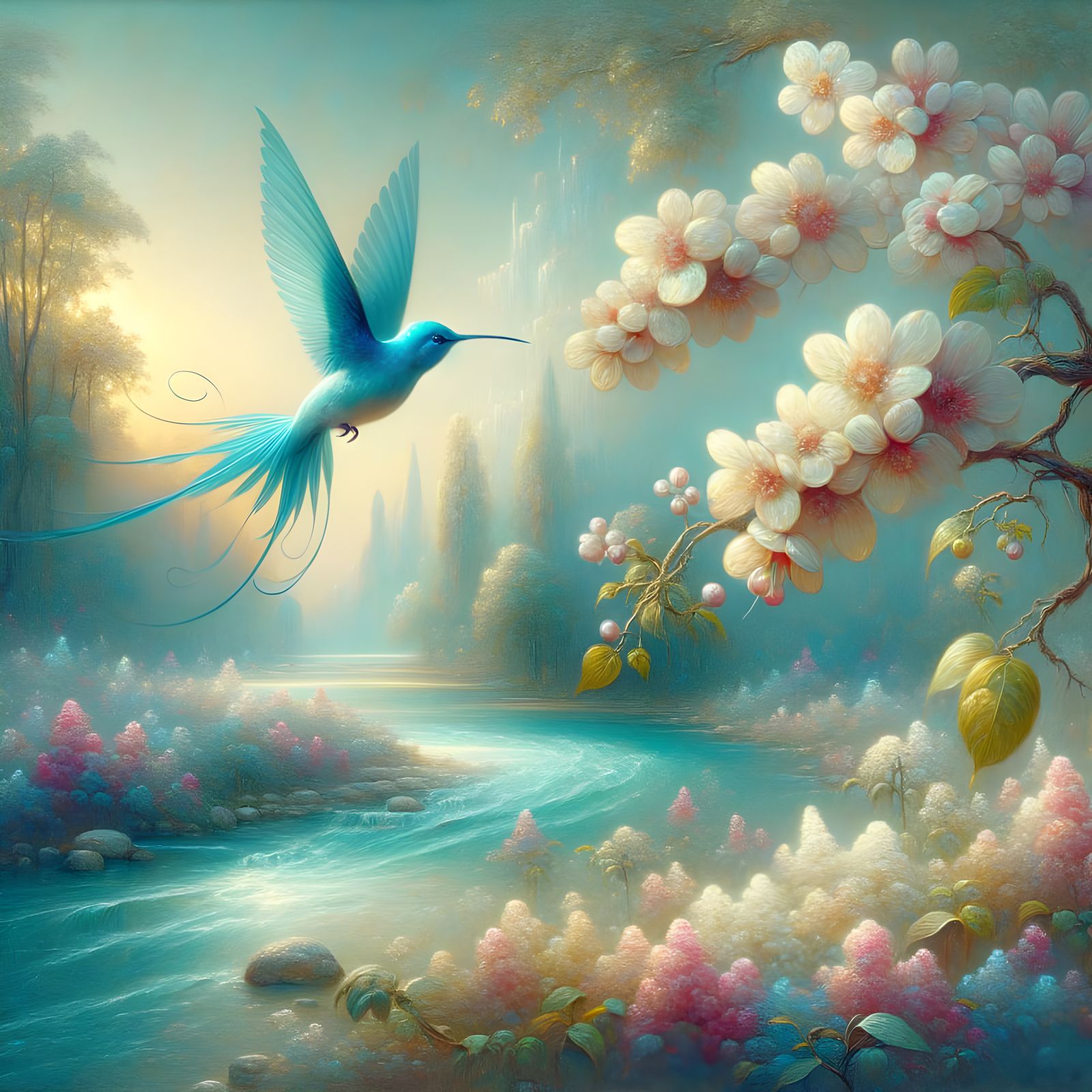 Romantic Azure Hummingbird in a Serene River Landscape, Oil ...