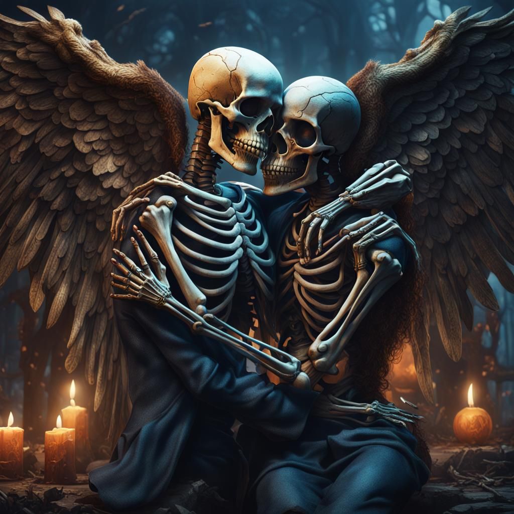 Winged Skeleton's Kiss: A Fantasy Art Embrace