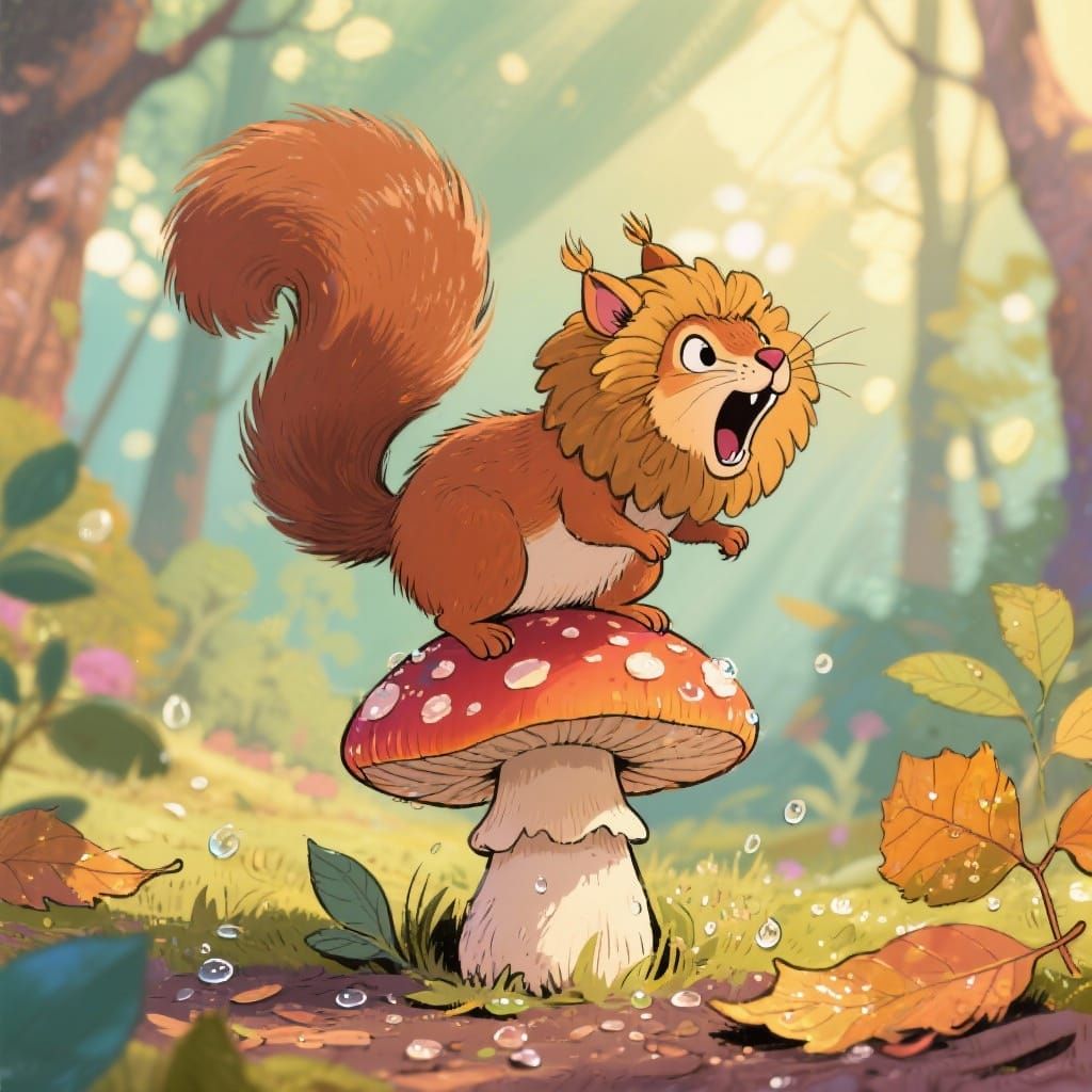 Squirrel Roaring in Lion Mane Atop Mushroom