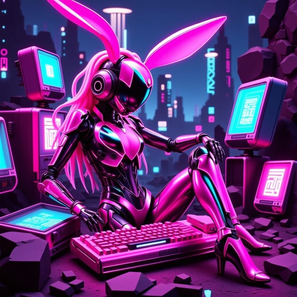 <lora:Pink Cyber Bunny:1.0> neon pink Cyberbunny bot woman on retro computer landscape