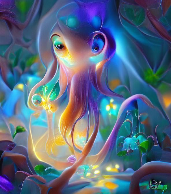 Friendly Bioluminescent Cthulhu in Whimsical Fantasy Art