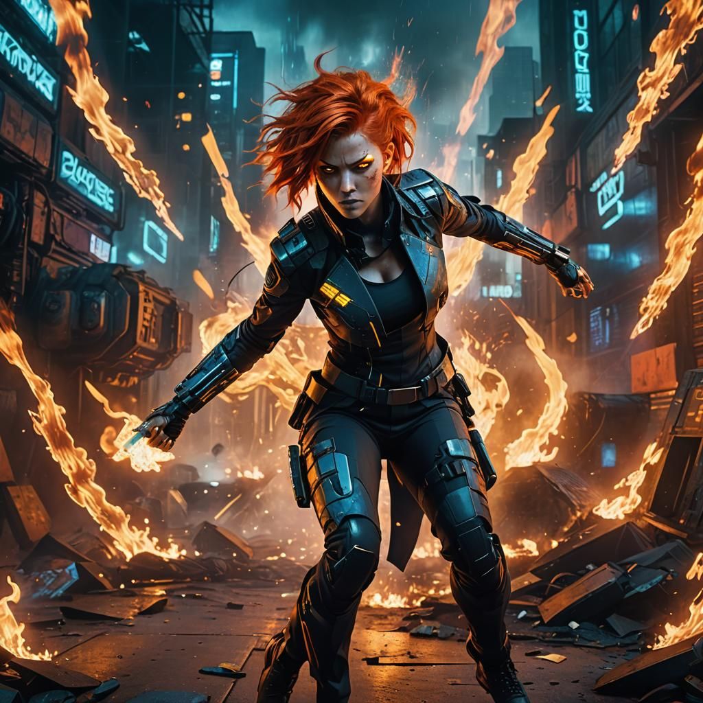 Fiery Cyberpunk Woman in High-Tech Command Center