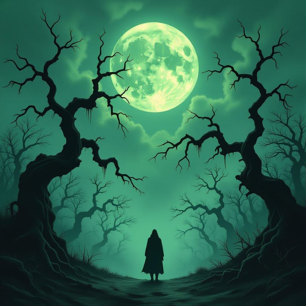 Haunted Forest Figure Under Sickly Green Moon