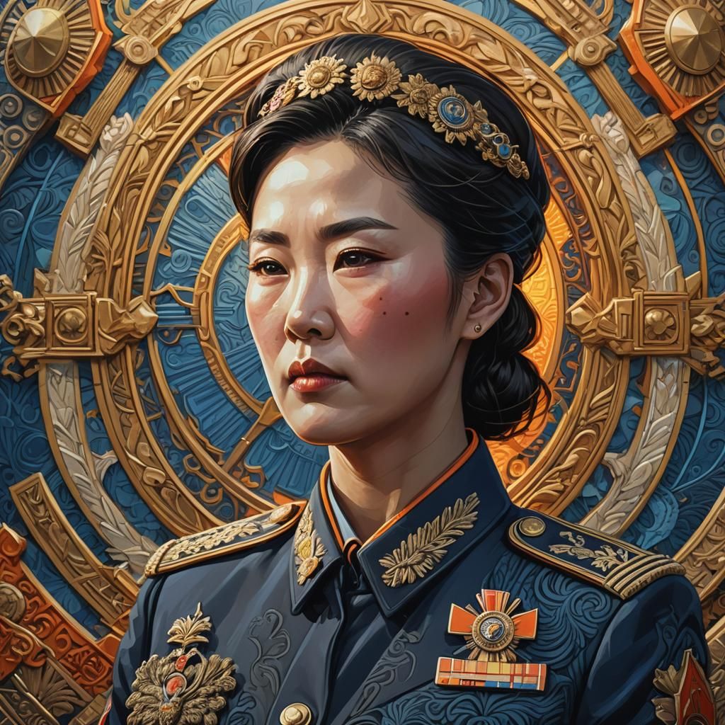 Female North Korean Leader in Ornate Military Portrait